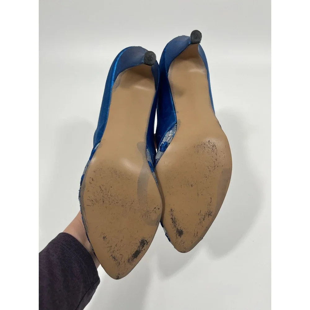 Vintage Womens 10 Heels Blue Mesh Sheer Floral Wedding Guest Chic Quiet Luxury